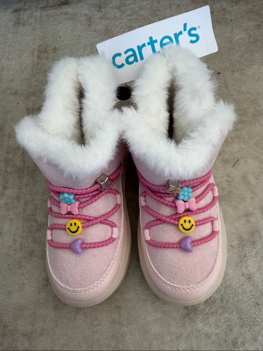Carter's Charmane Pink Faux-Fur Lined Kids Boots with Cheerful Charms